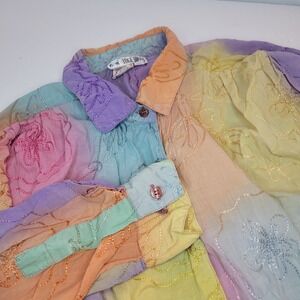 Vntg Together Woman's Blouse TieDye,‎ Embroidered Floral Button Up "One Size"
